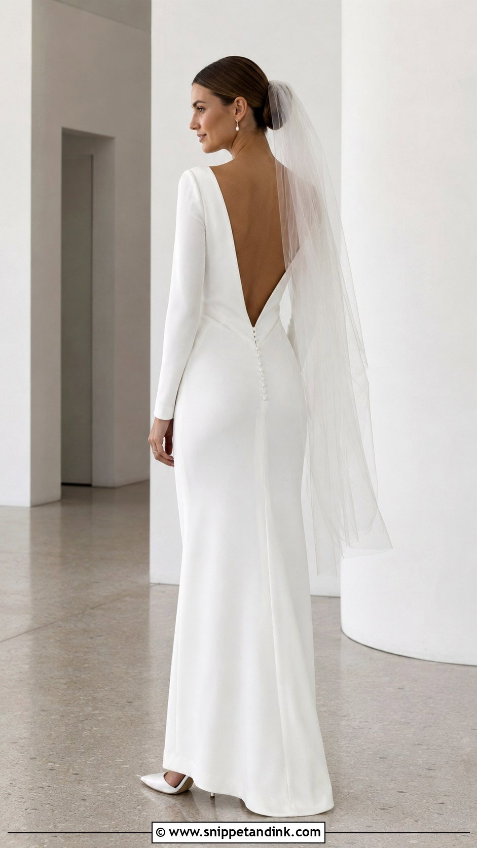 Open Back Crepe Long Sleeve Wedding Dress - Snippet and Ink - 20 Bride Dress Long Sleeve Ideas