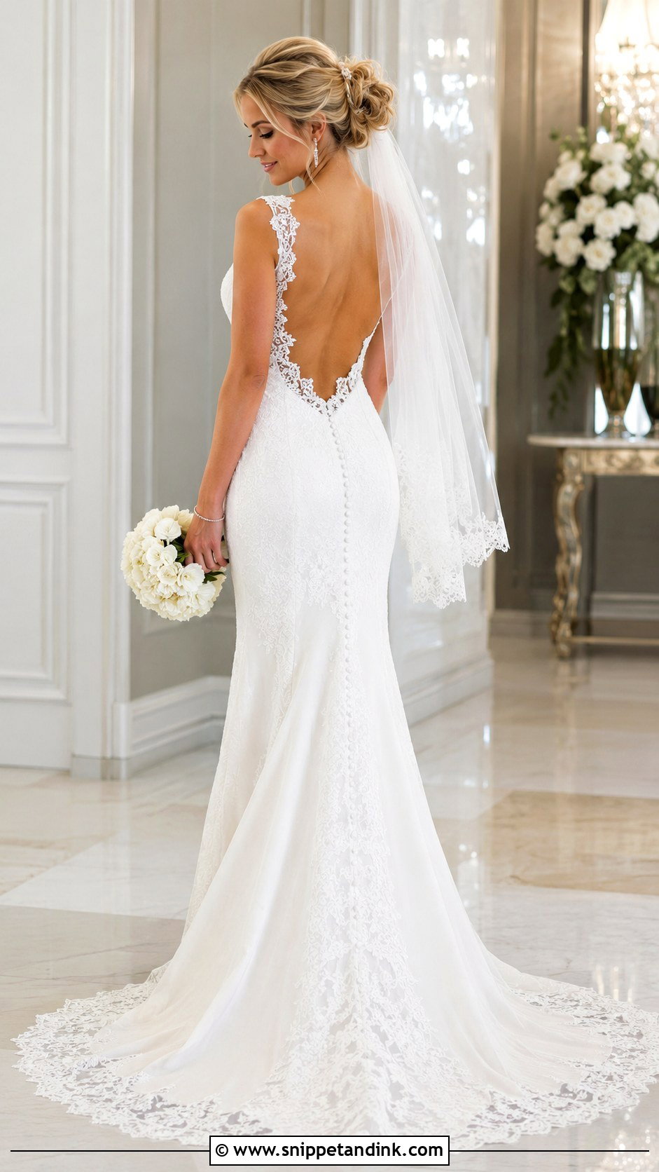 Open Back Fit And Flare Wedding Dress With Hair Up - Snippet and Ink - 20 Flare Wedding Dress Ideas