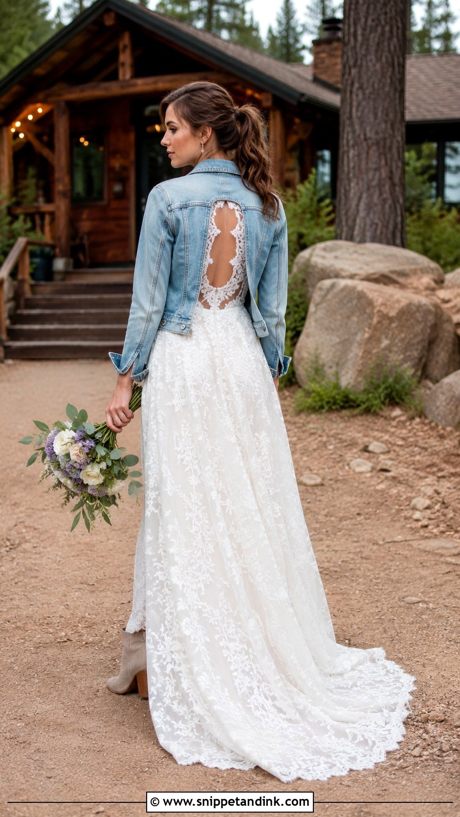 Open Back Lace Wedding Dress With A Denim Jacket - Snippet and Ink - 20 Granola Wedding Dress Ideas