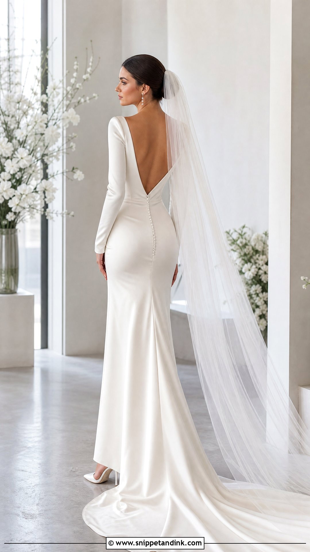 Open Back Satin Wedding Gown with Long Sleeves - Snippet and Ink - 20 Satin Wedding Gown with Sleeves