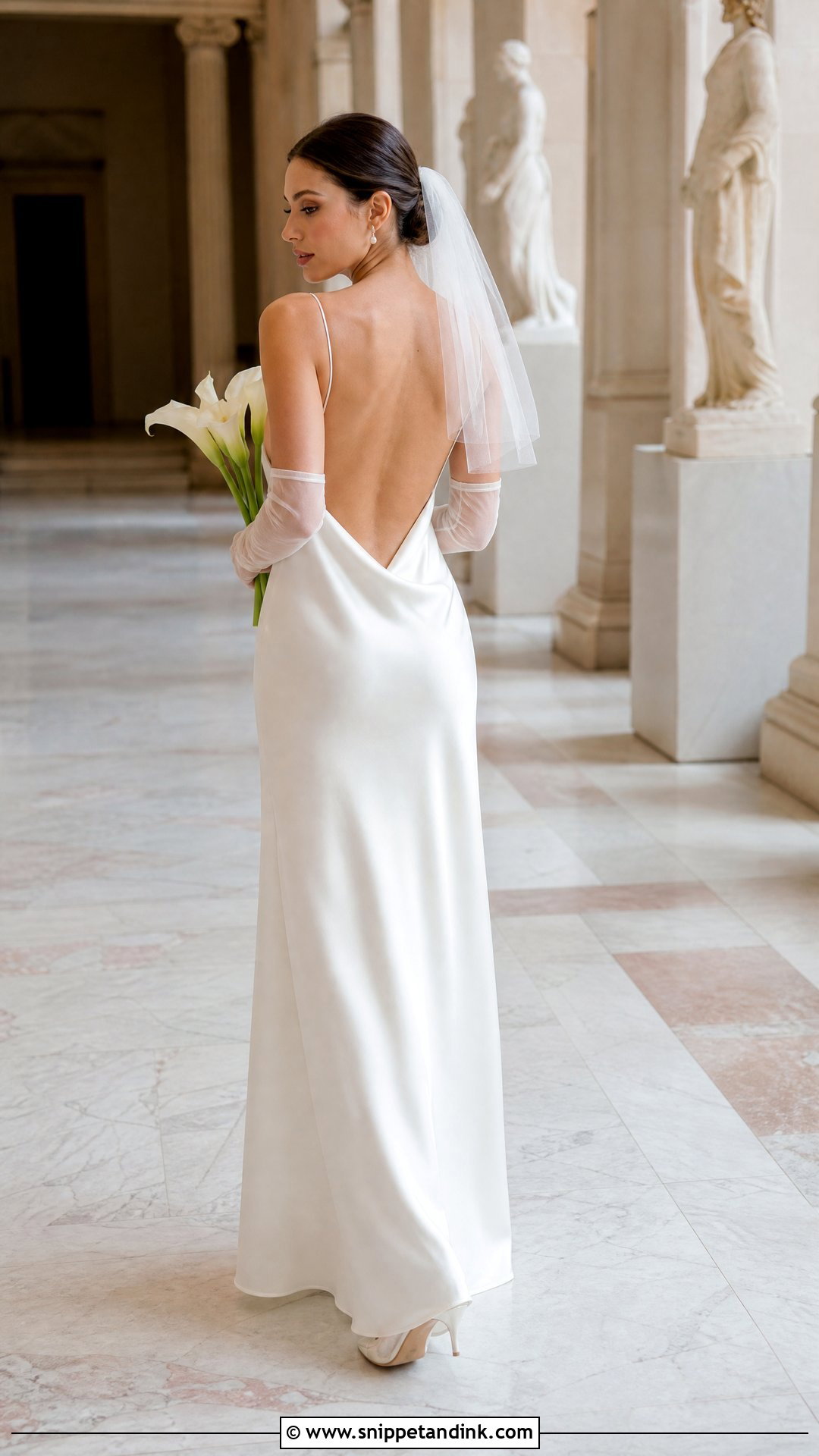 Open Back Silk Slip Wedding Dress With Bridal Gloves - Snippet and Ink - 20 Silk Slip Wedding Dress Ideas