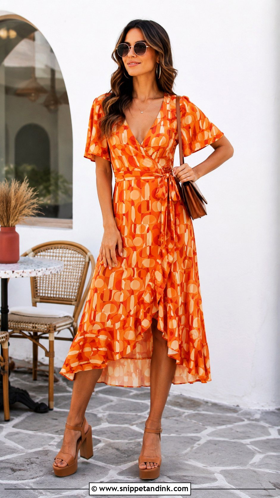 Orange 70s Wrap Dress Outfit - Snippet and Ink - 20 70s Bachelorette Party Outfit Ideas