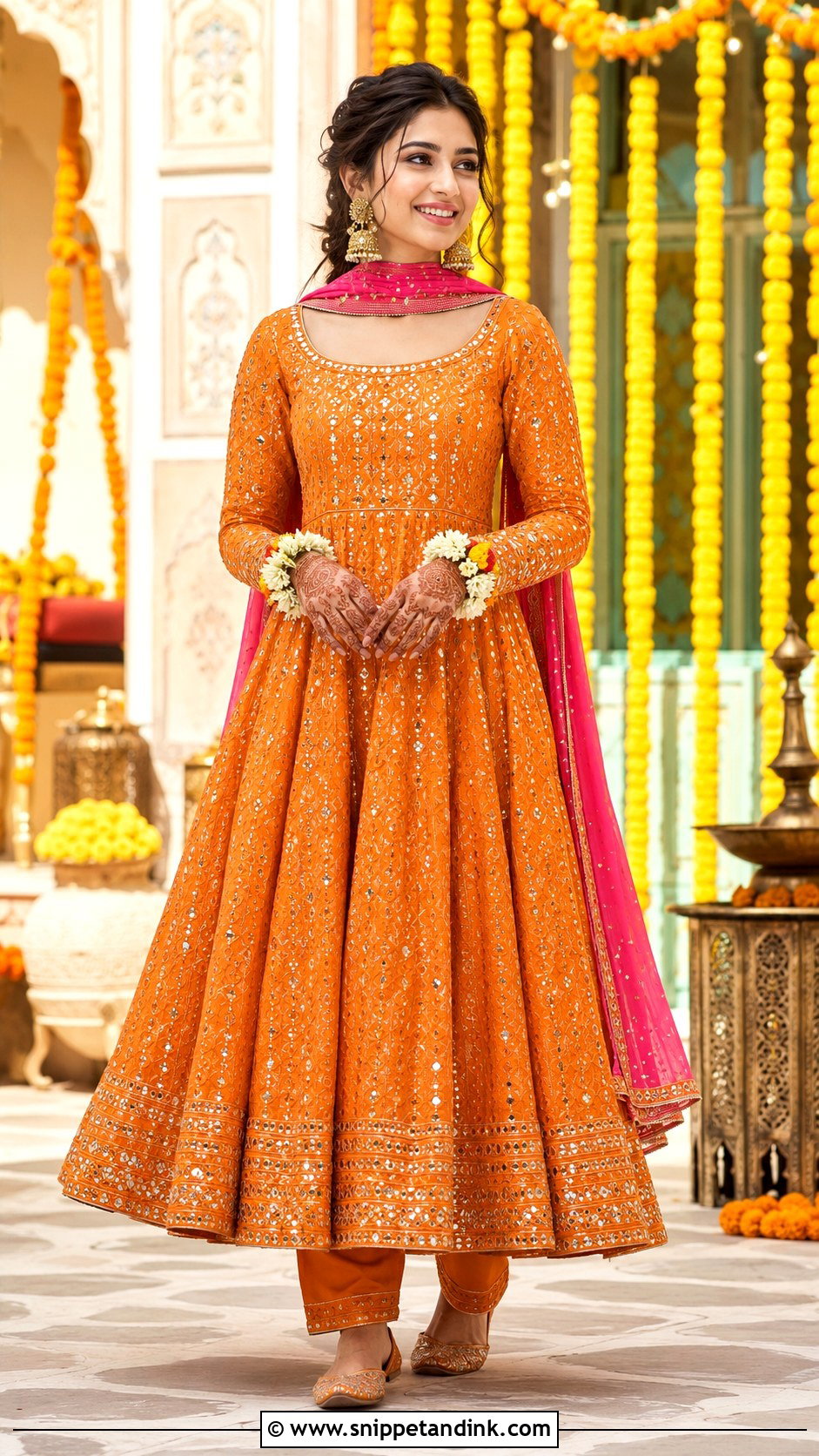 Orange Anarkali Bride Mehandi Outfit - Snippet and Ink - 20 Bride Mehandi Outfit Ideas