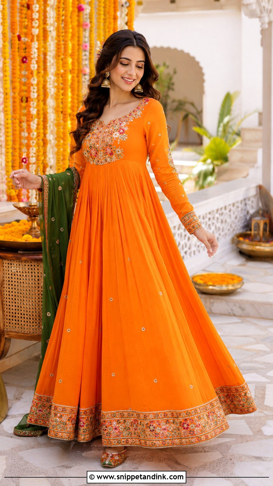 Orange Anarkali Mehendi Outfit - Snippet and Ink - 30 Mehendi Dress Outfits