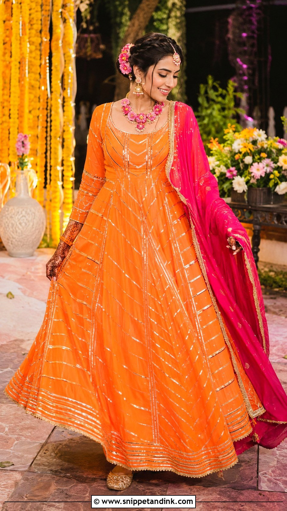 Orange Anarkali Mehndi Outfit - Snippet and Ink - 20 Mehndi Ceremony Outfit for Bride Ideas