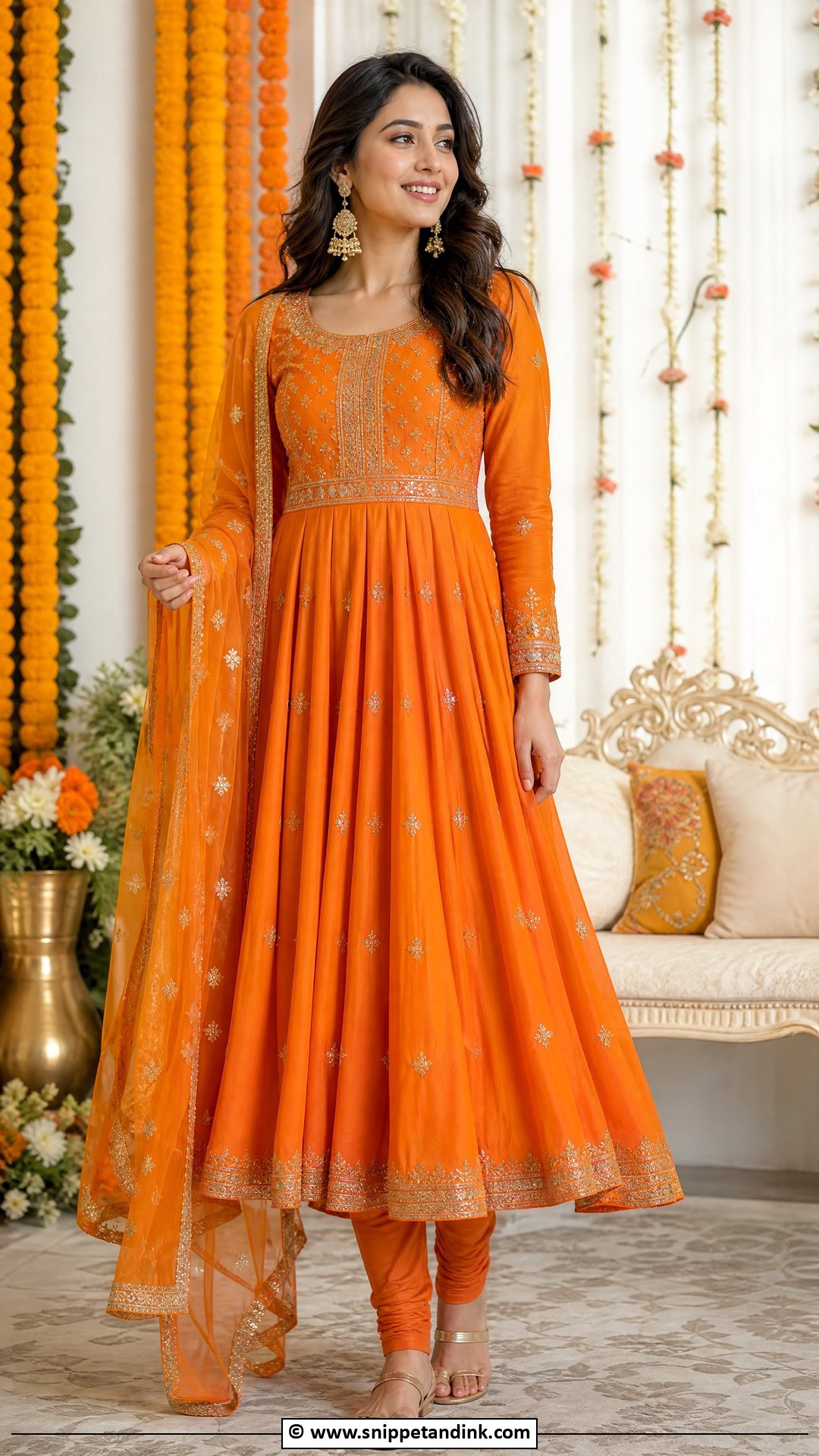 Orange Anarkali Suit With Churidar - Snippet and Ink - 35 Mehndi Dress Ideas