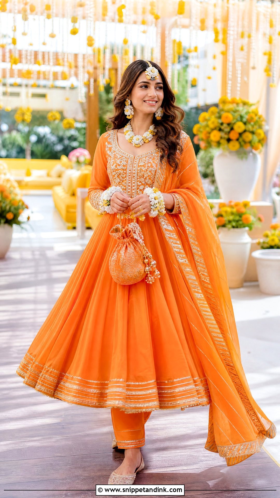 Orange Anarkali With Floral Jewelry - Snippet and Ink - 20 Orange Haldi Outfit for Bride Ideas