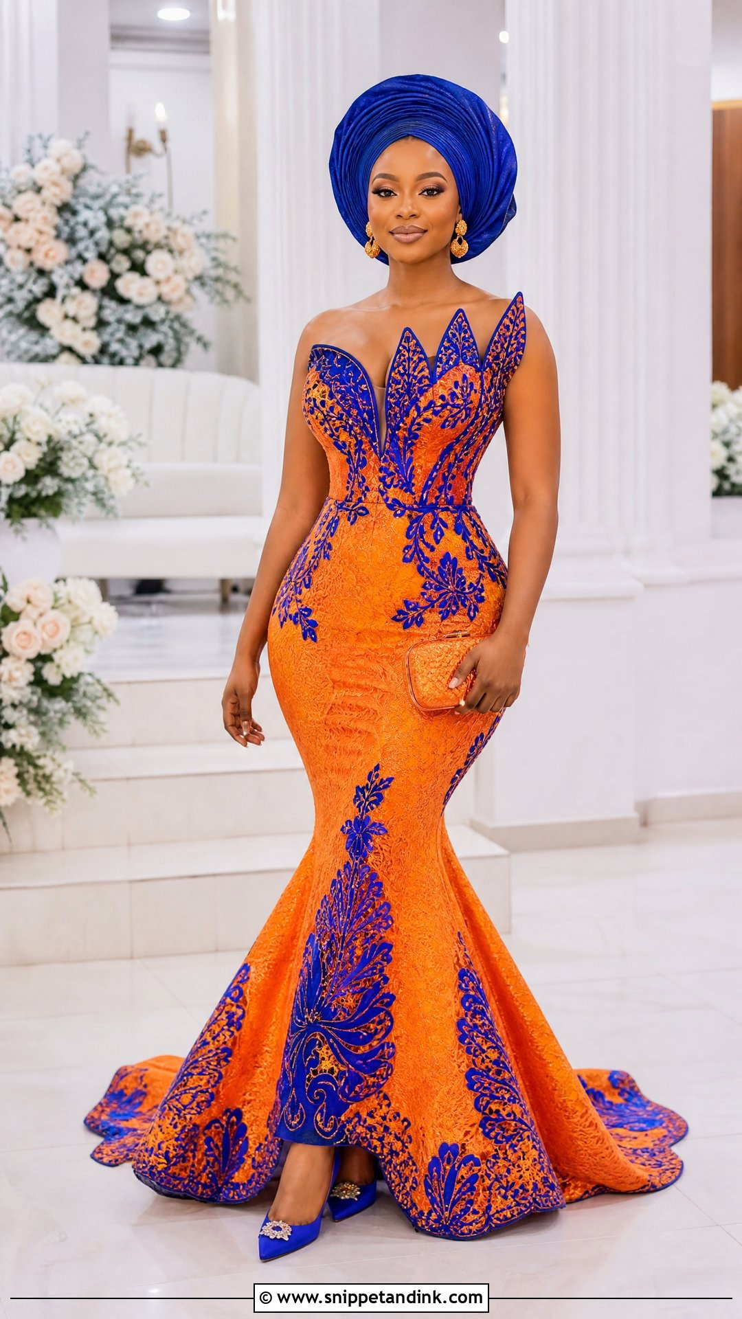 Orange And Blue Pedi Mermaid Gown - Snippet and Ink - 20 Pedi Traditional Attire African Weddings Ideas