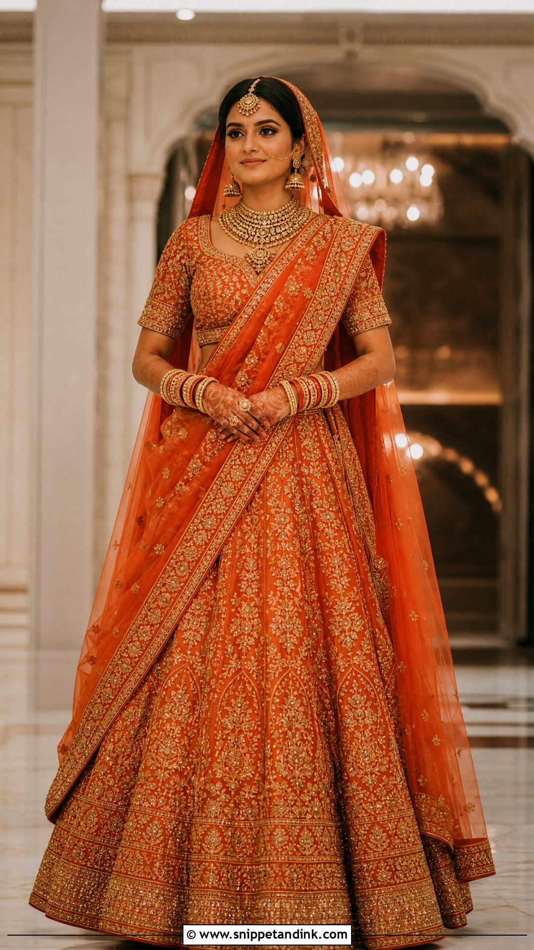 Orange And Gold Bridal Lehenga With Double Dupatta - Snippet and Ink - 20 Orange Bridal Dress Ideas