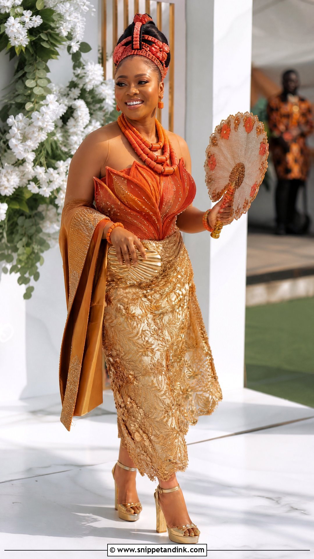 Orange And Gold Igbo Bride Outfit - Snippet and Ink - 20 Igbo Bride Traditional Wedding Outfit Ideas