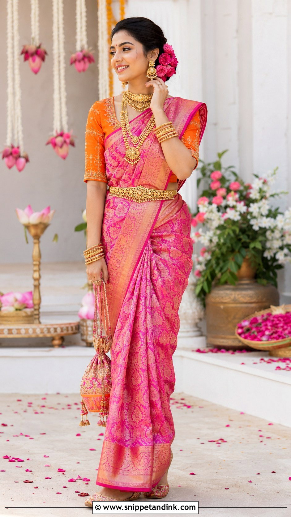 Orange And Pink Bengali Bridal Saree Look - Snippet and Ink - 20 Bengali Bride Wedding Look Ideas