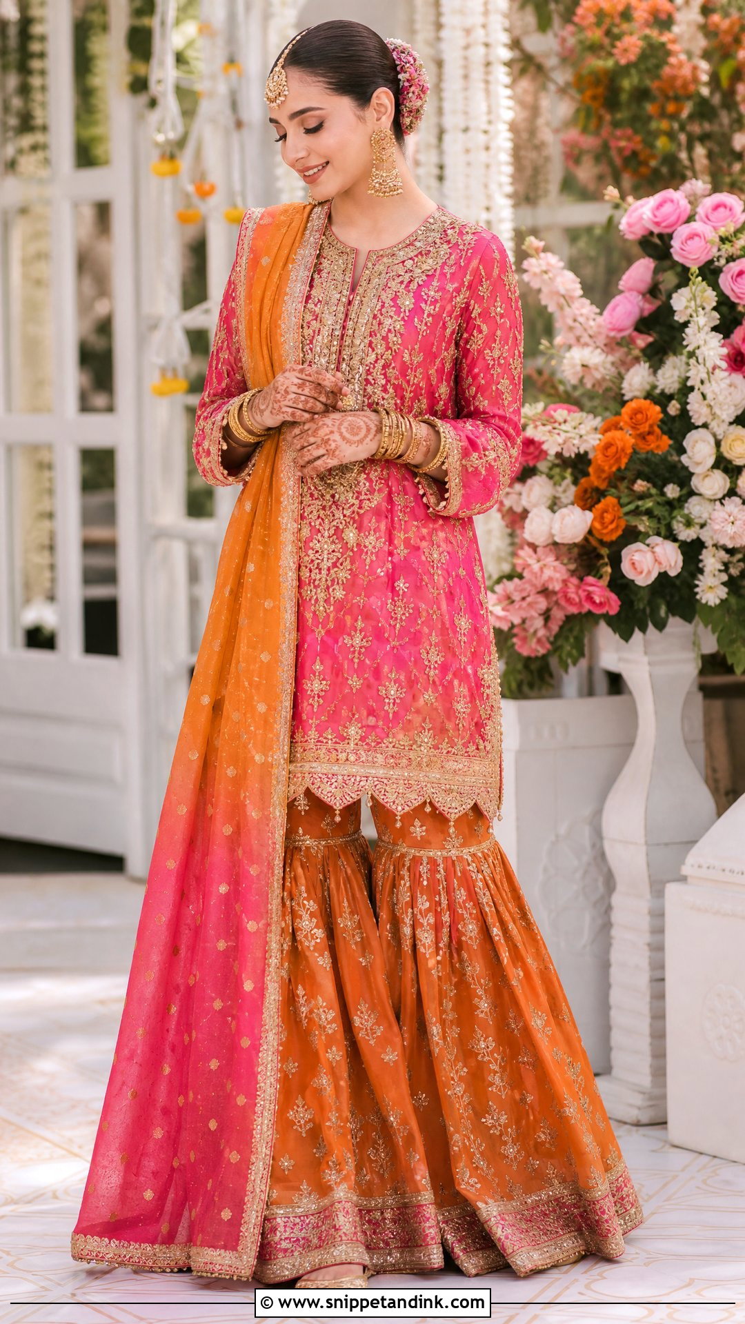 Orange And Pink Bridal Gharara - Snippet and Ink - 20 Pakistani Bridal Mehndi Dress Ideas
