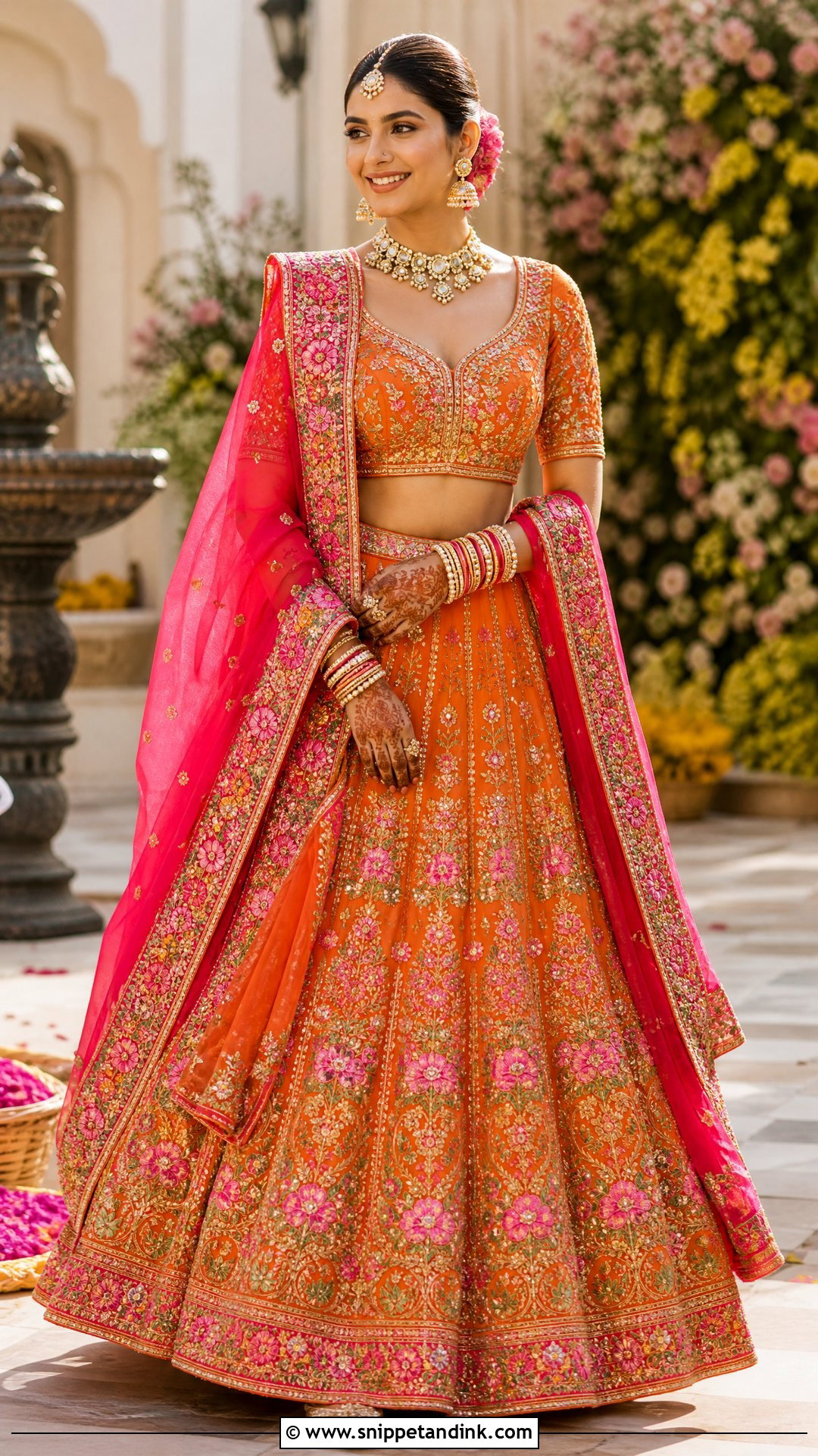 Orange And Pink Bridal Lehenga With Kundan Jewelry - Snippet and Ink - 20 Orange Bridal Dress Ideas