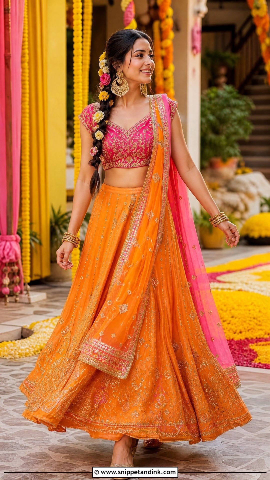 Orange And Pink Haldi Lehenga Outfit - Snippet and Ink - 25 Haldi Mehendi Outfit Ideas