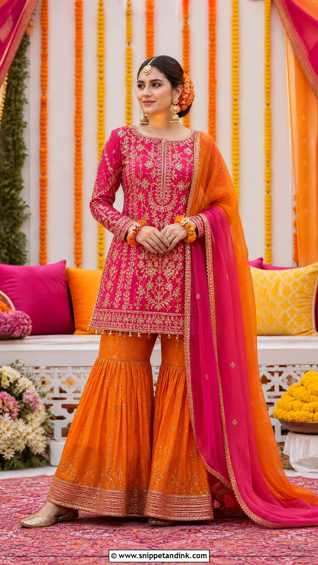 Orange And Pink Mehndi Bridal Gharara - Snippet and Ink - 25 Mehndi Bridal Dress Ideas
