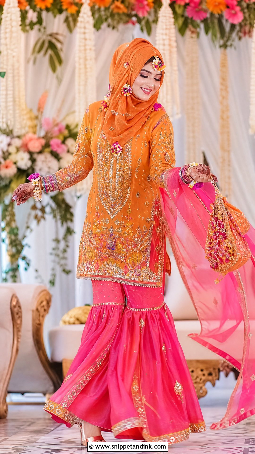 Orange And Pink Sharara Hijabi Pakistani Bride - Snippet and Ink - 20 Hijabi Pakistani Bride Ideas