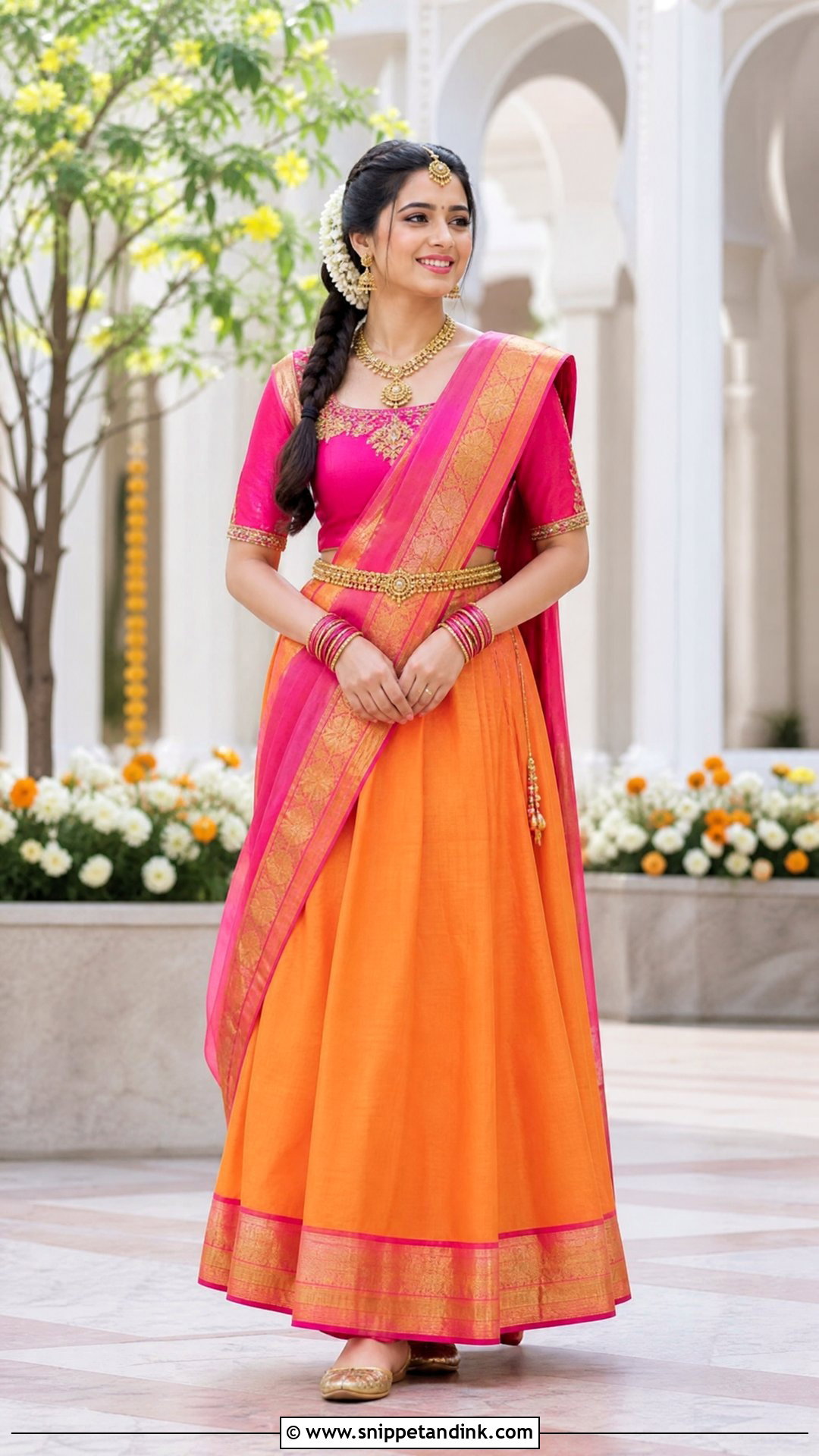 Orange And Rani Pink Thavani - Snippet and Ink - 20 Thavani Styles for Wedding