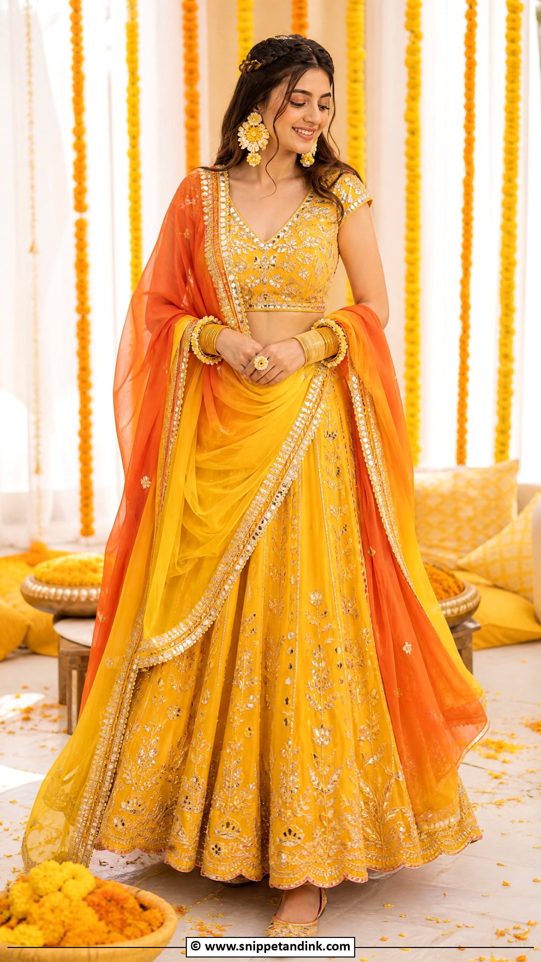 Orange And Yellow Lehenga For Haldi Bride - Snippet and Ink - 35 Haldi Outfit for Bride Ideas