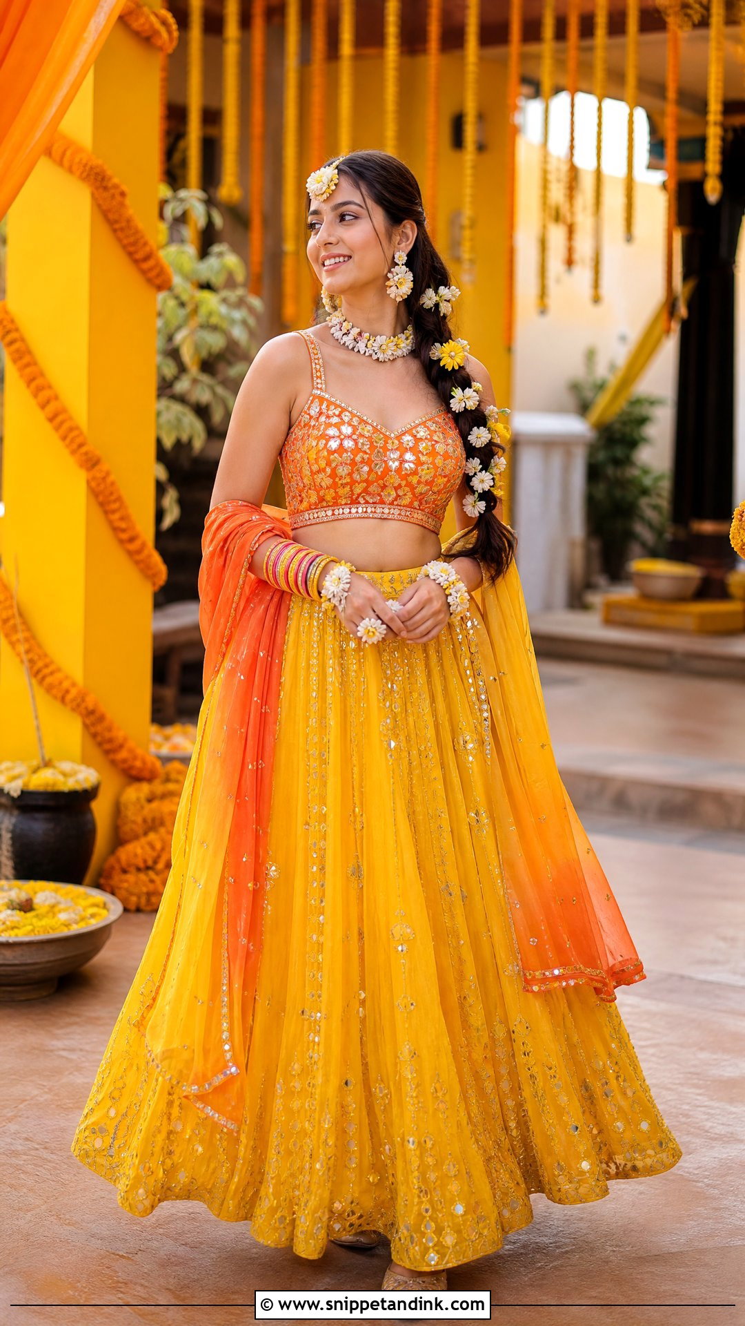 Orange And Yellow Lehenga Haldi Outfit - Snippet and Ink - 20 Women Haldi Outfit Ideas