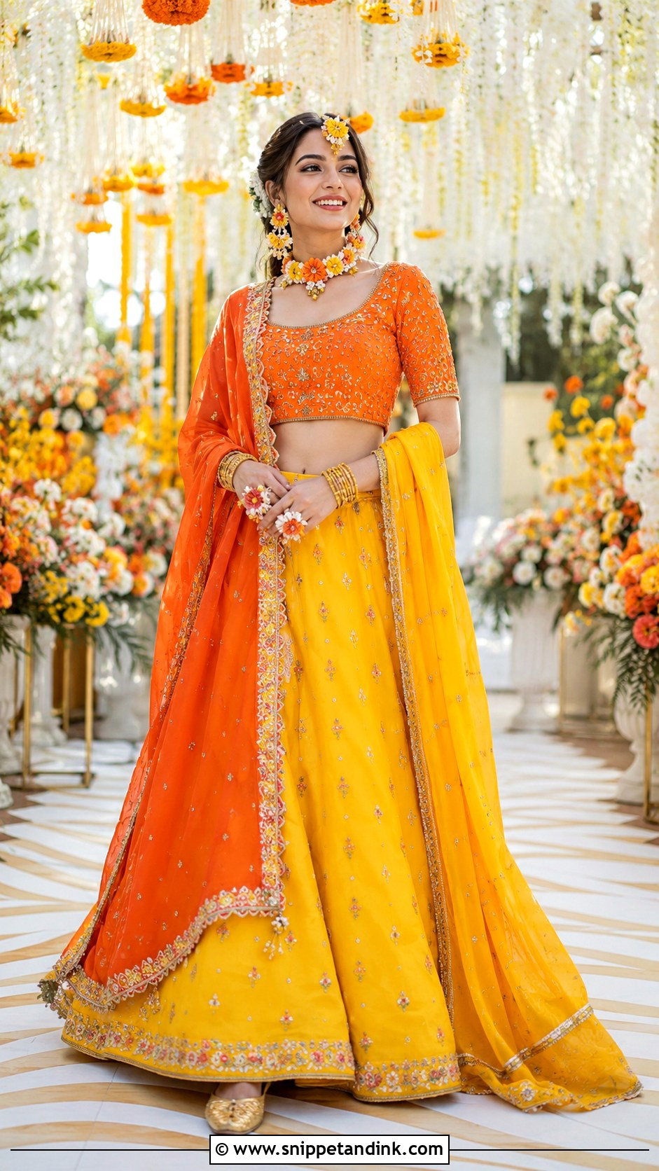 Orange And Yellow Lehenga Haldi Outfit - Snippet and Ink - 20 Haldi Inspo Outfit Ideas