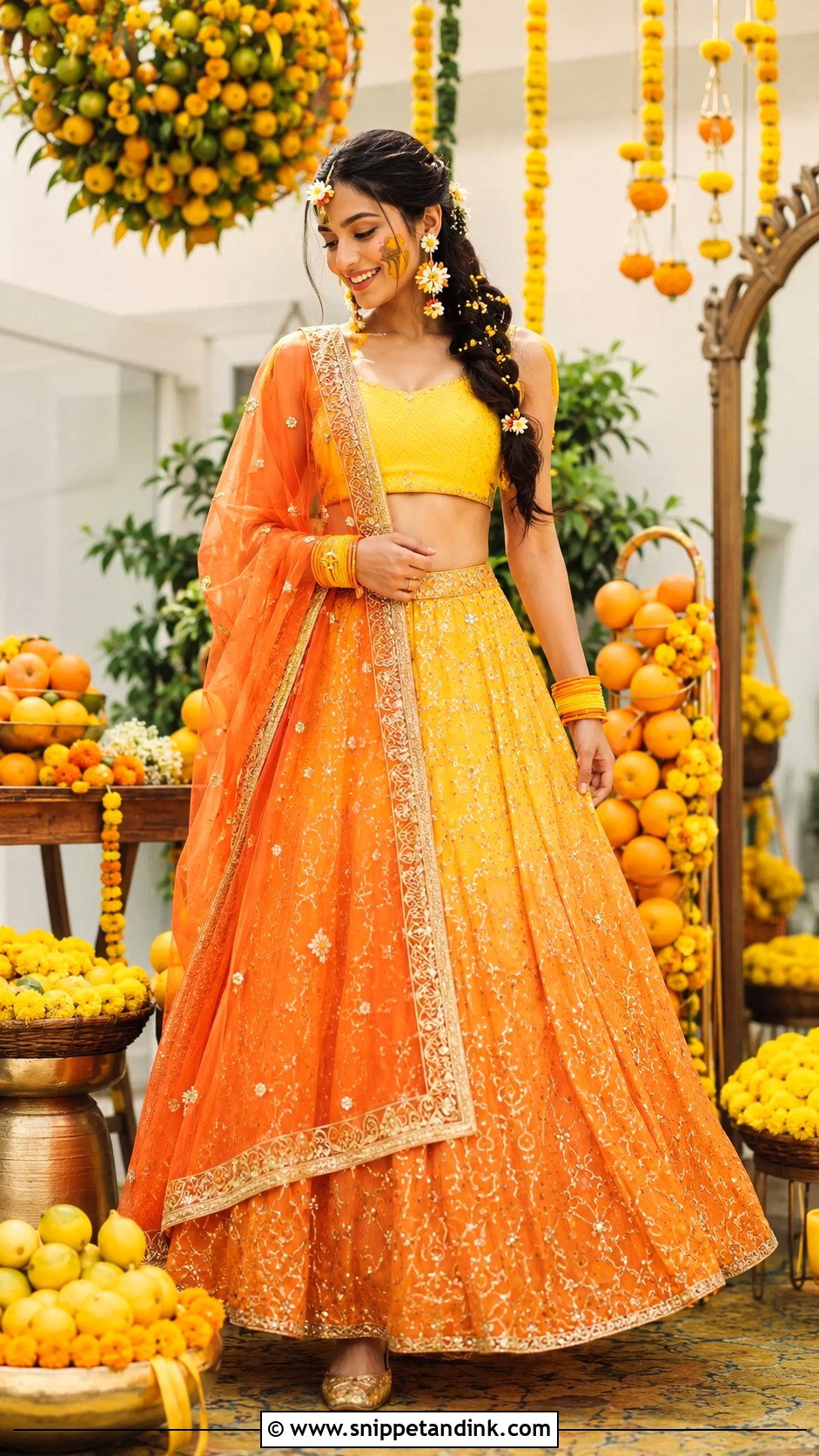 Orange And Yellow Ombre Haldi Lehenga - Snippet and Ink - 20 Haldi Clothes for Bride Ideas