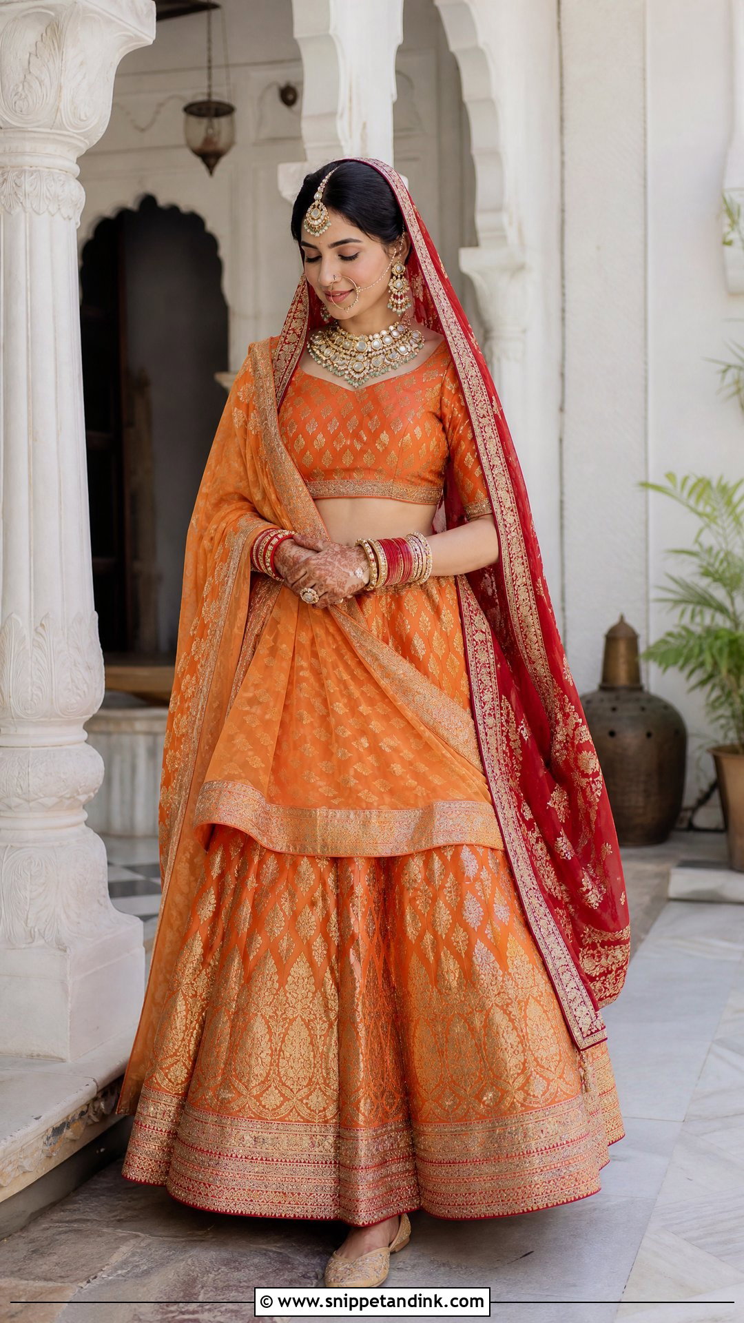 Orange Banarasi Bridal Lehenga With Red Dupatta - Snippet and Ink - 20 Orange Bridal Dress Ideas