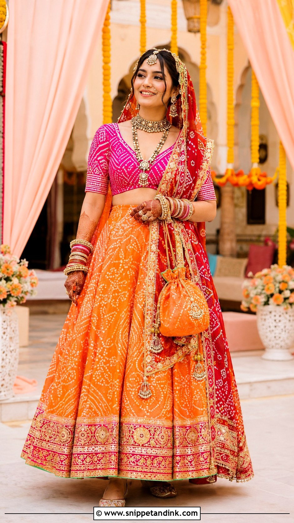 Orange Bandhani Indian Bridal Lehenga - Snippet and Ink - 20 Indian Wedding Outfits for Bride