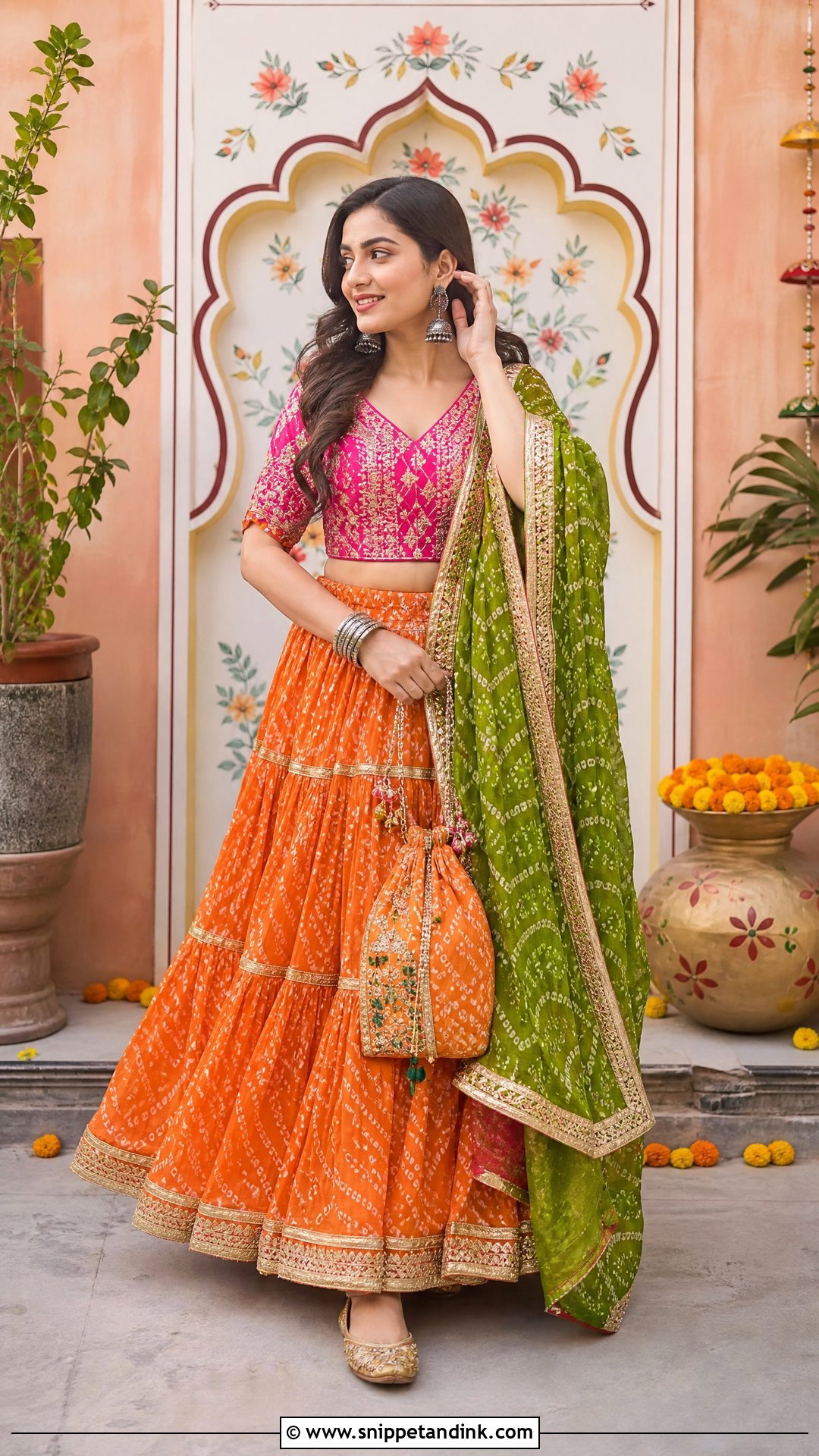 Orange Bandhani Lehenga Mehendi Outfit - Snippet and Ink - 25 Mehendi Night Outfit Ideas
