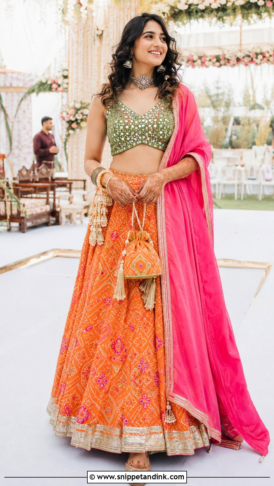 Orange Bandhani Lehenga Mehndi Outfit - Snippet and Ink - 20 Mehandi Function Dresses Mehndi Outfit