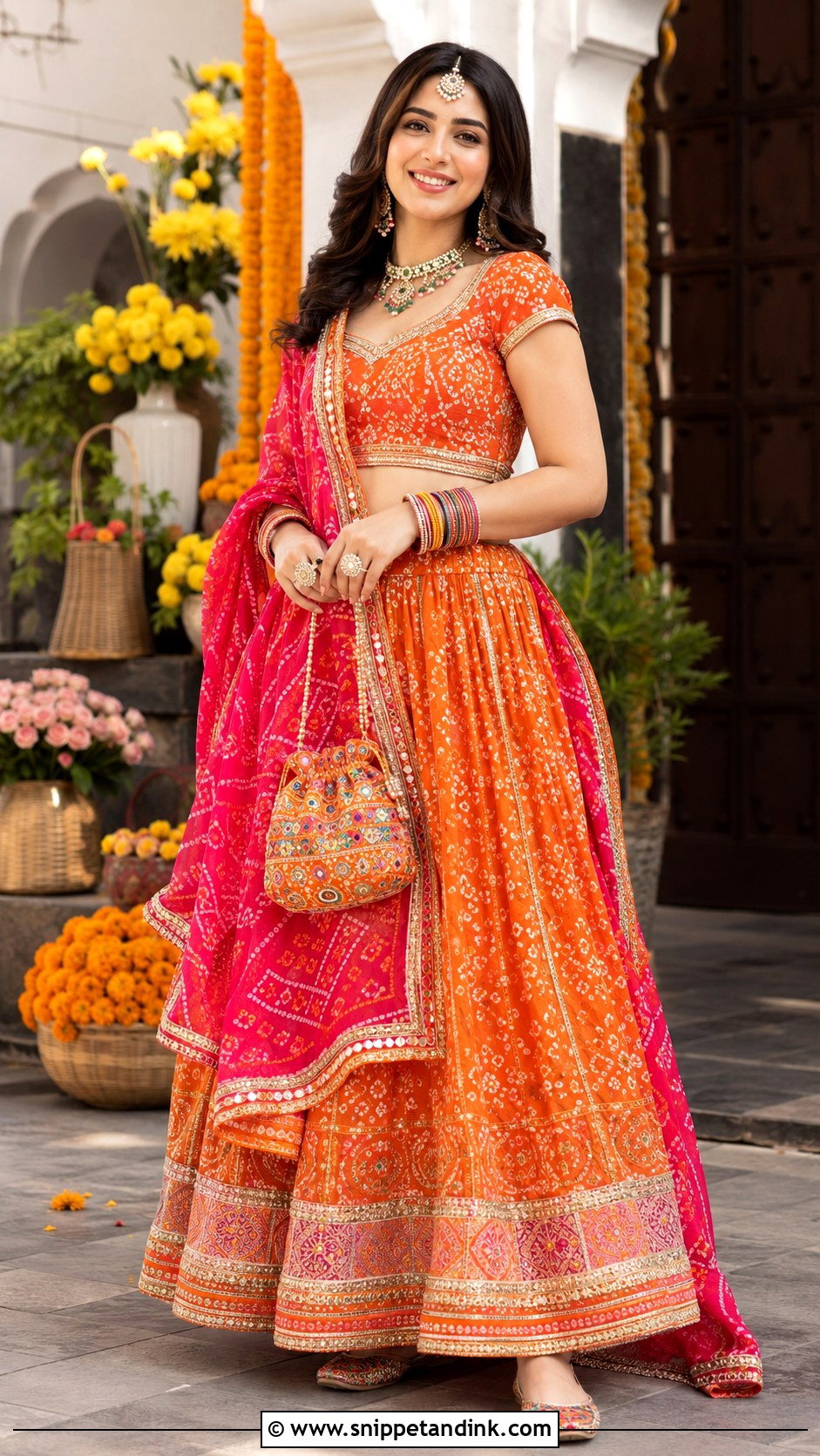 Orange Bandhani Lehenga Roka Outfit - Snippet and Ink - 20 Indian Roka Outfits