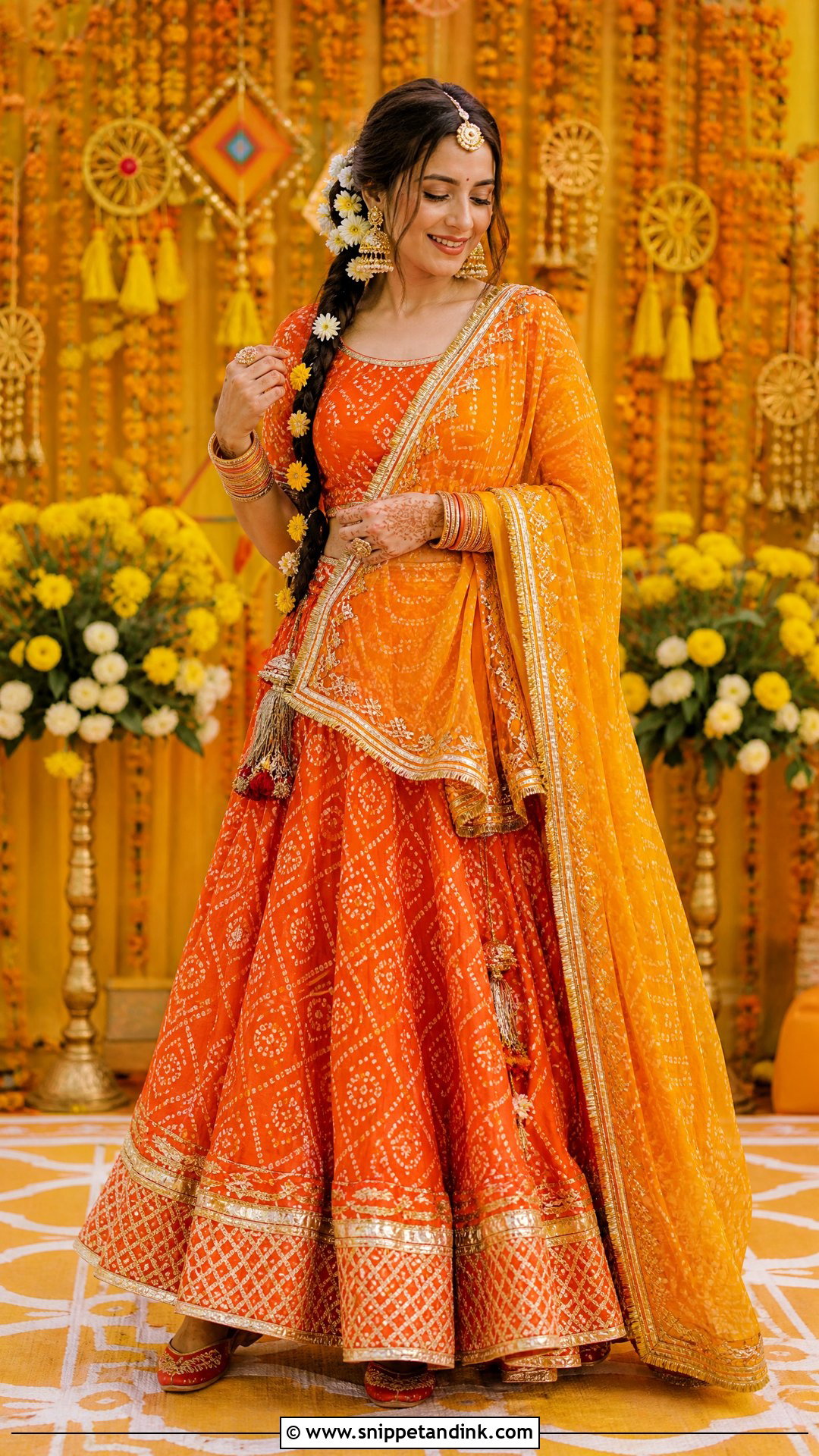 Orange Bandhani Lehenga With Gota Dupatta - Snippet and Ink - 20 Orange Haldi Outfit for Bride Ideas