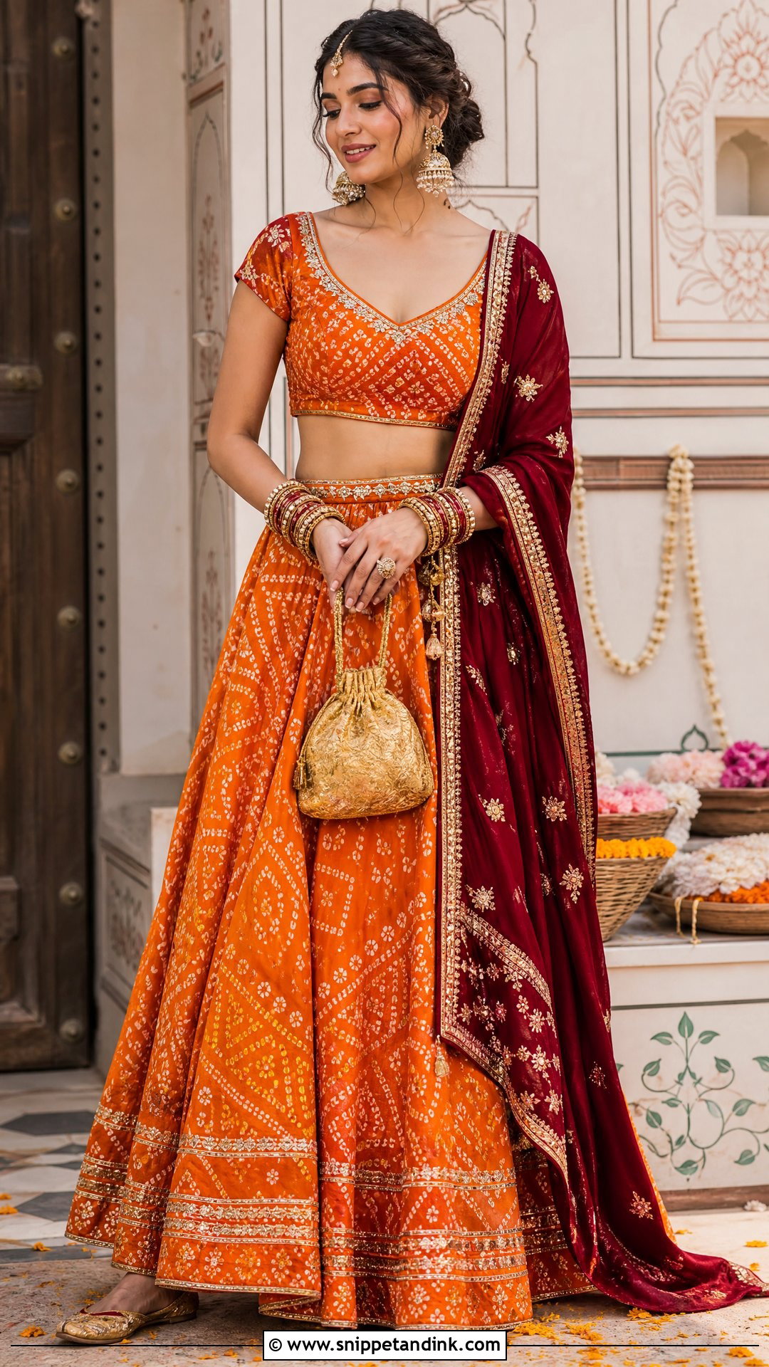 Orange Bandhani Lehenga With Maroon Dupatta - Snippet and Ink - 20 Maroon Dupatta Combination Ideas