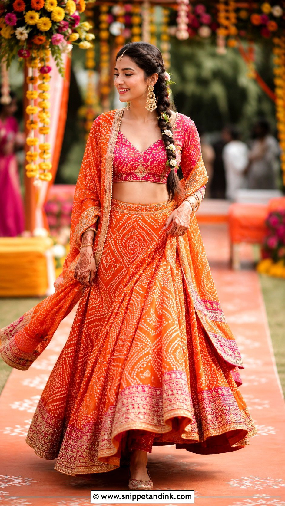 Orange Bandhani Mehendi Lehenga - Snippet and Ink - 20 Bridal Mehendi Outfits