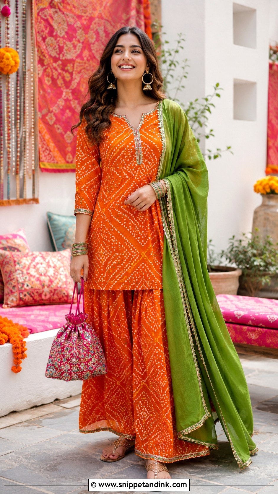 Orange Bandhani Mehendi Suit - Snippet and Ink - 20 Mehendi Suits Mehndi Outfit