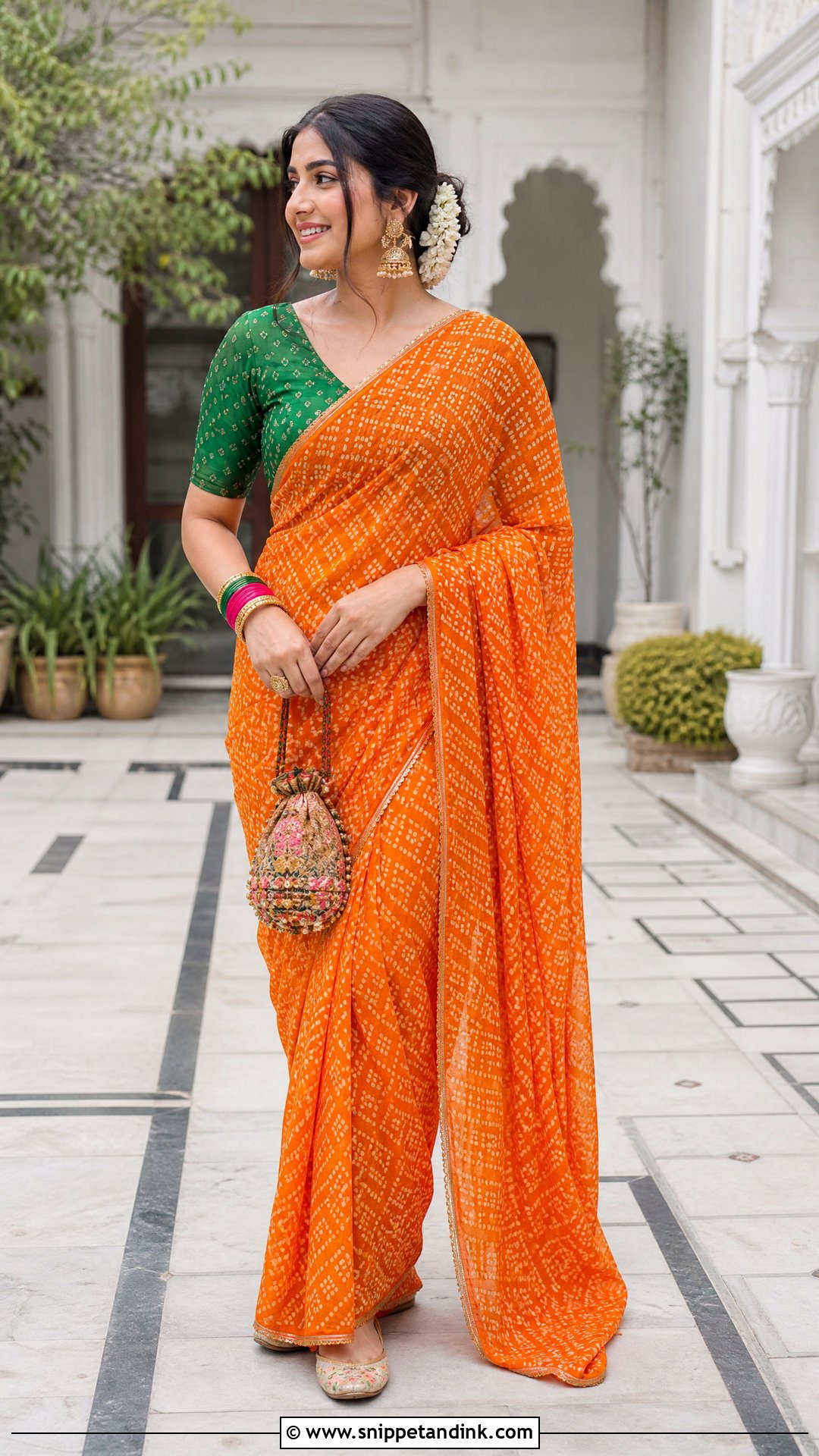 Orange Bandhani Saree Haldi Outfit - Snippet and Ink - 25 Aesthetic Haldi Outfits