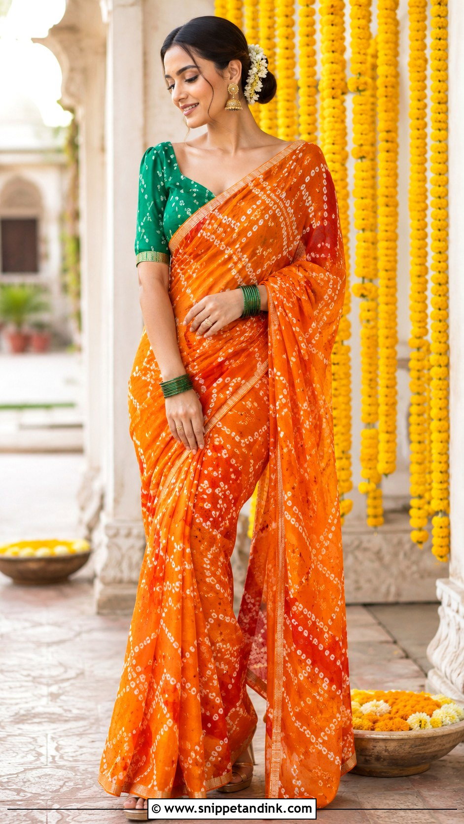 Orange Bandhani Saree Mehendi Outfit - Snippet and Ink - 20 Indian Wedding Mehendi Outfits