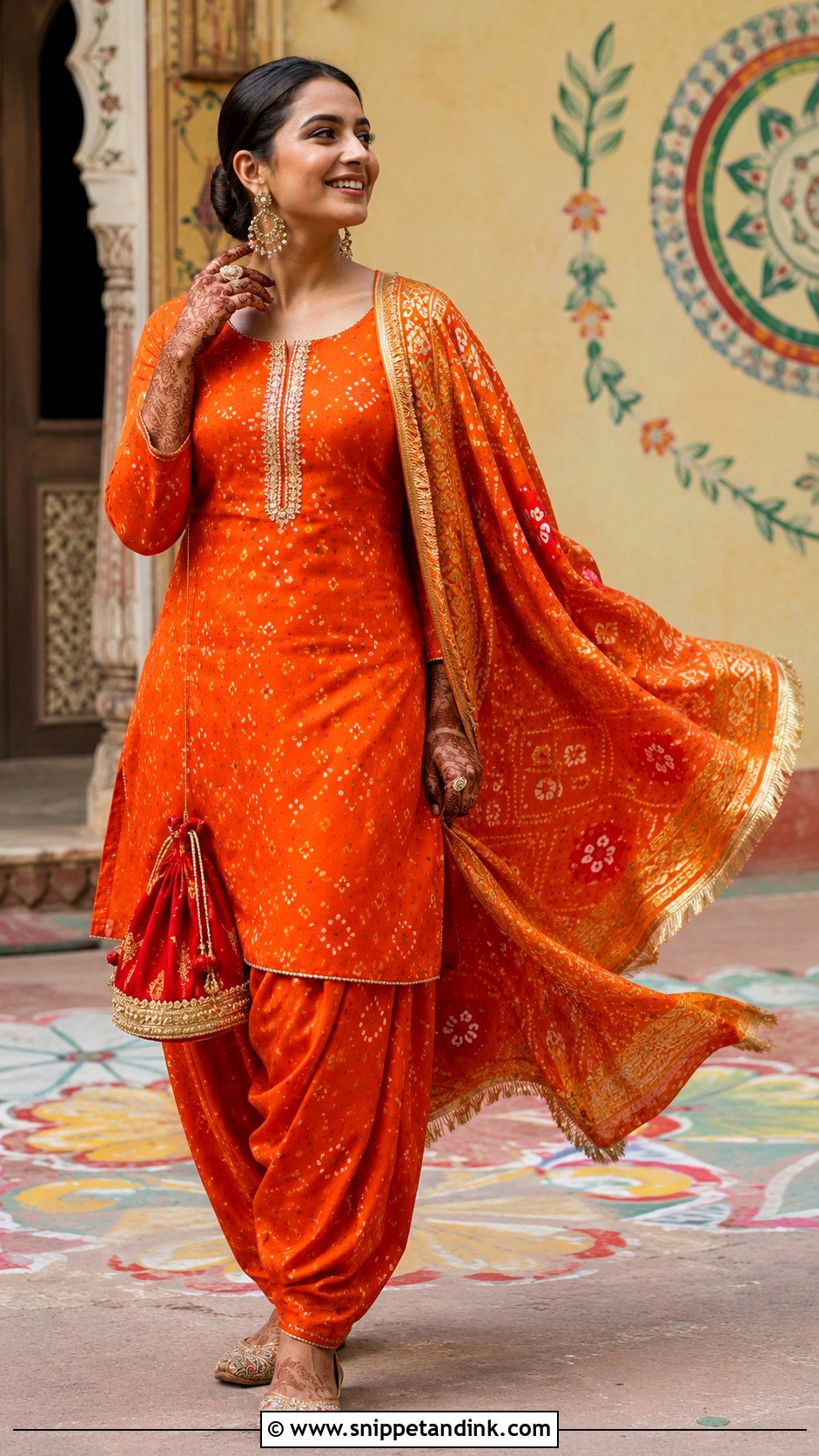 Orange Bandhani Suit With Gold Kiran Dupatta - Snippet and Ink - 20 Kiran Dupatta Ideas