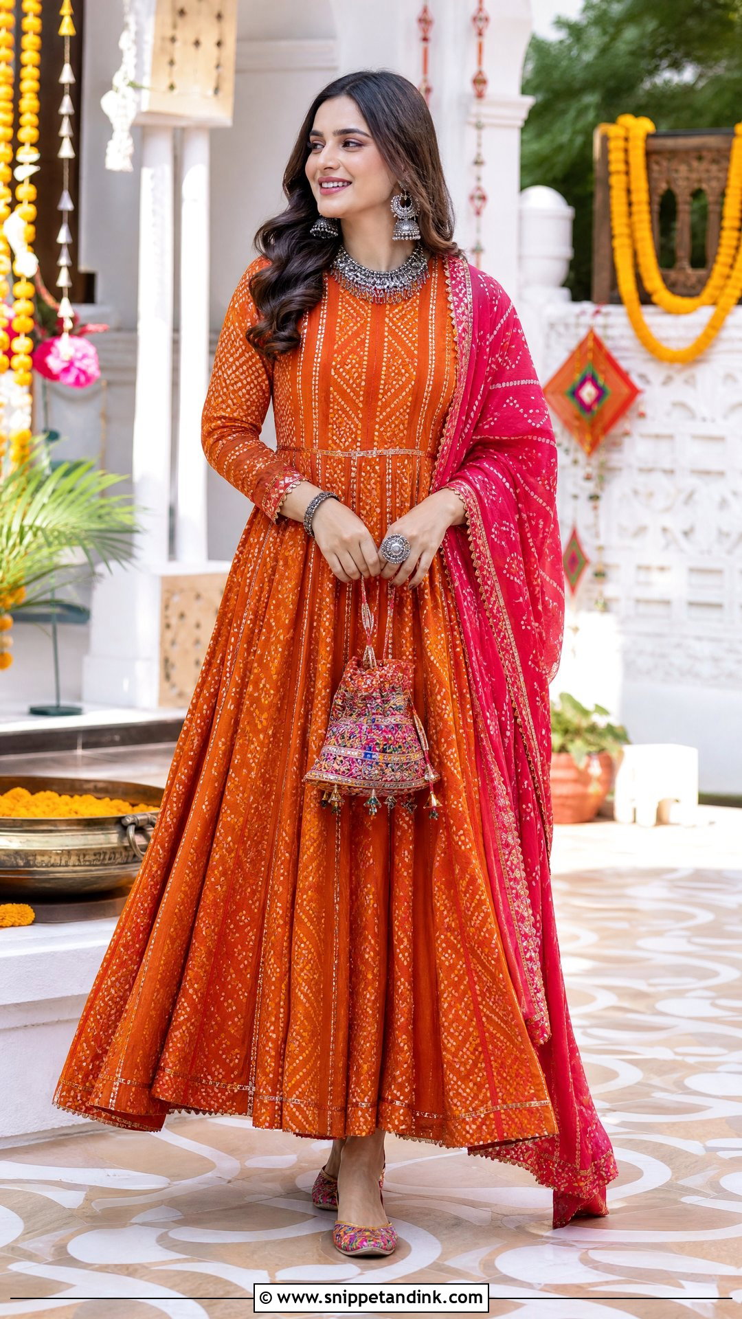 Orange Bandhani Traditional Gown - Snippet and Ink - 20 Traditional Gown Ideas