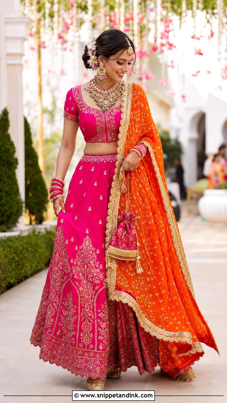 Orange Bridal Chunri Dupatta With Pink Lehenga - Snippet and Ink - 20 Bridal Chunri Dupatta Ideas