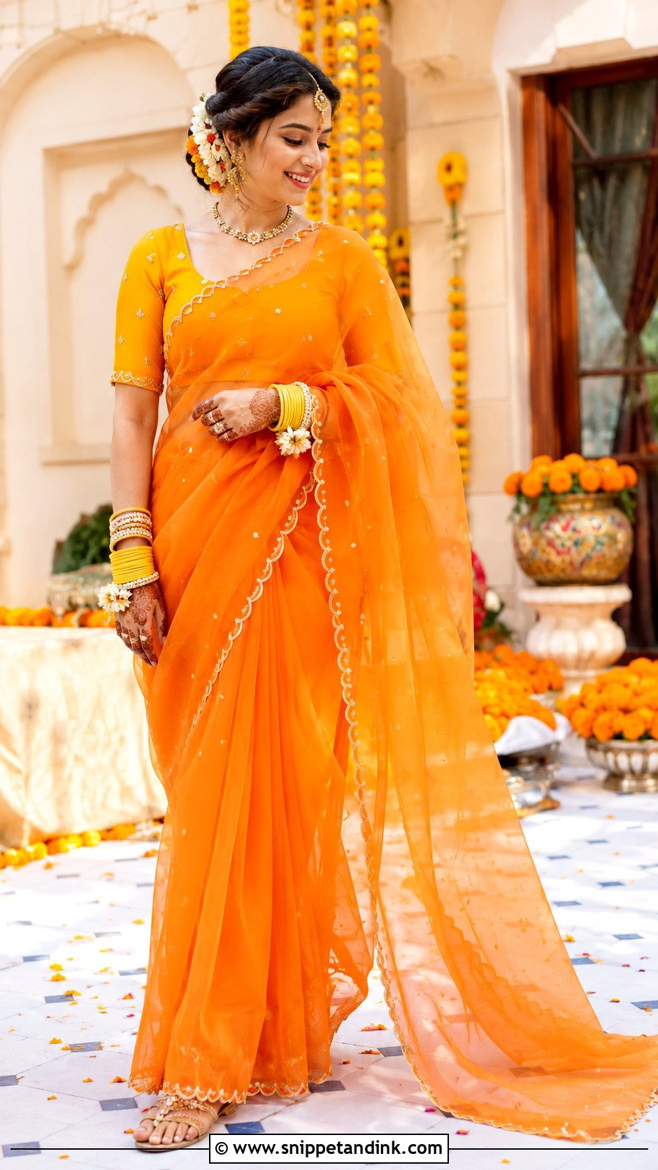 Orange Bridal Haldi Saree - Snippet and Ink - 25 Bridal Haldi Dress Ideas
