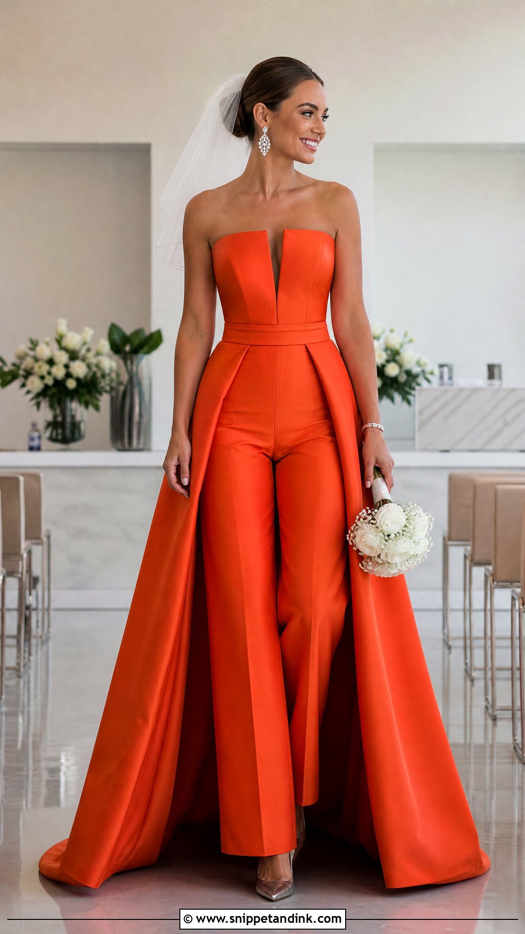 Orange Bridal Jumpsuit With Detachable Train - Snippet and Ink - 20 Orange Bridal Dress Ideas