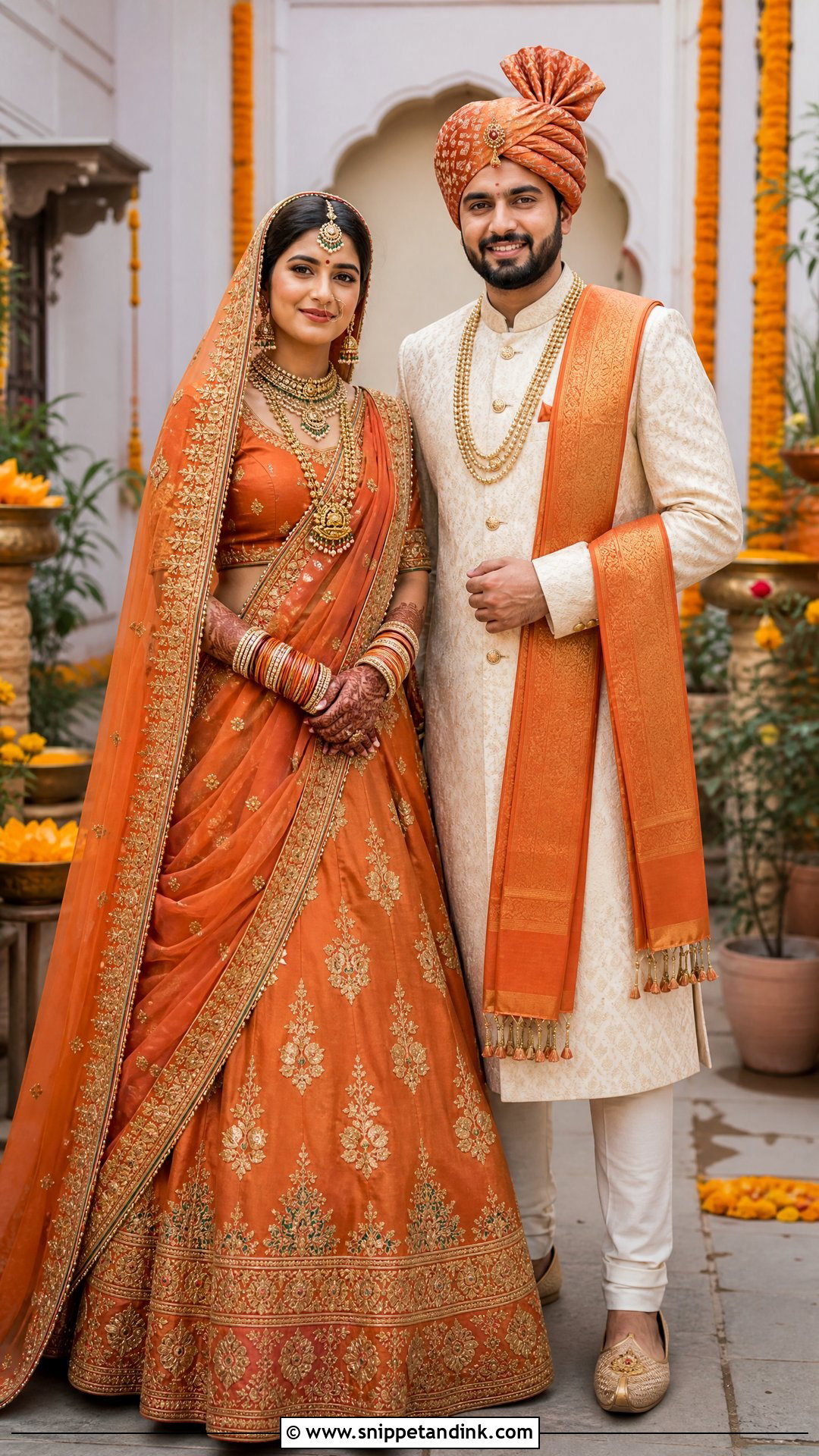Orange Bridal Lehenga And Cream Sherwani Couple Outfit - Snippet and Ink - 20 Indian Bridal Couple Dress Ideas