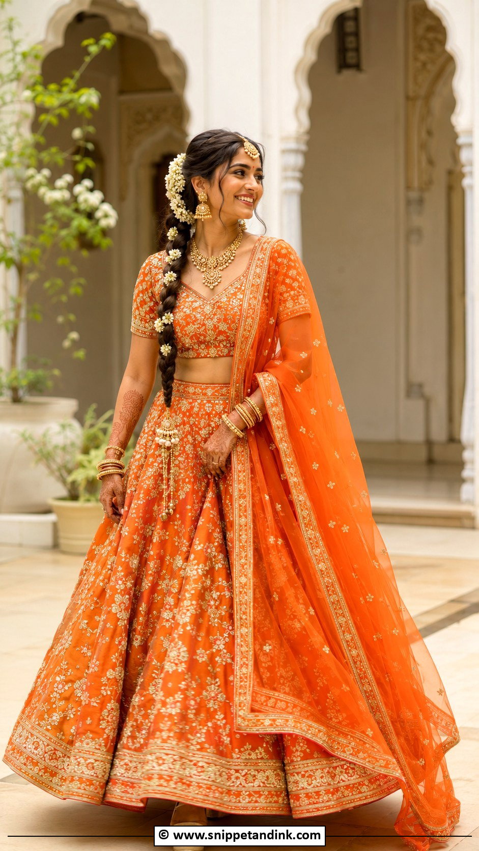 Orange Bridal Lengha With Temple Jewelry - Snippet and Ink - 30 Bridal Lengha Ideas