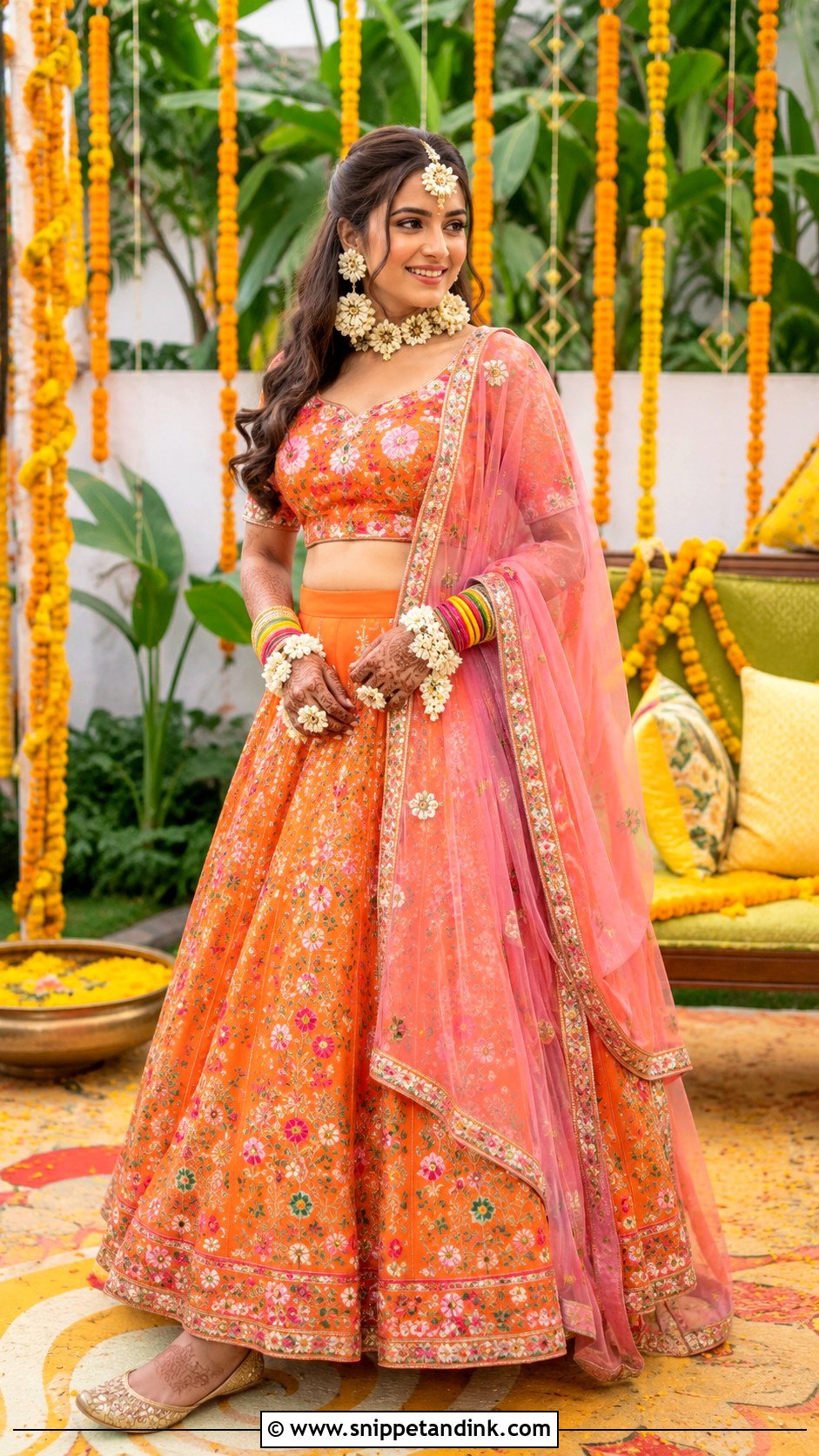 Orange Bridal Mehendi Lehenga - Snippet and Ink - 20 Bridal Mehendi Outfit Ideas
