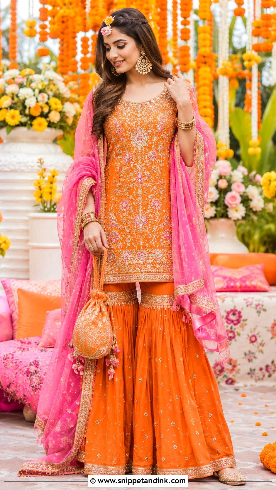 Orange Bridal Mehndi Gharara - Snippet and Ink - 30 Bridal Mehndi Dresses Ideas