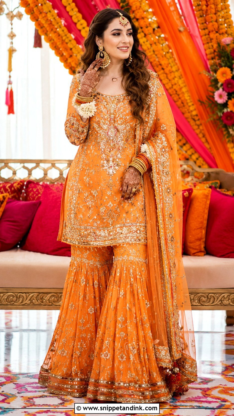 Orange Bridal Mehndi Gharara - Snippet and Ink - 25 Bridal Mehndi Dresses