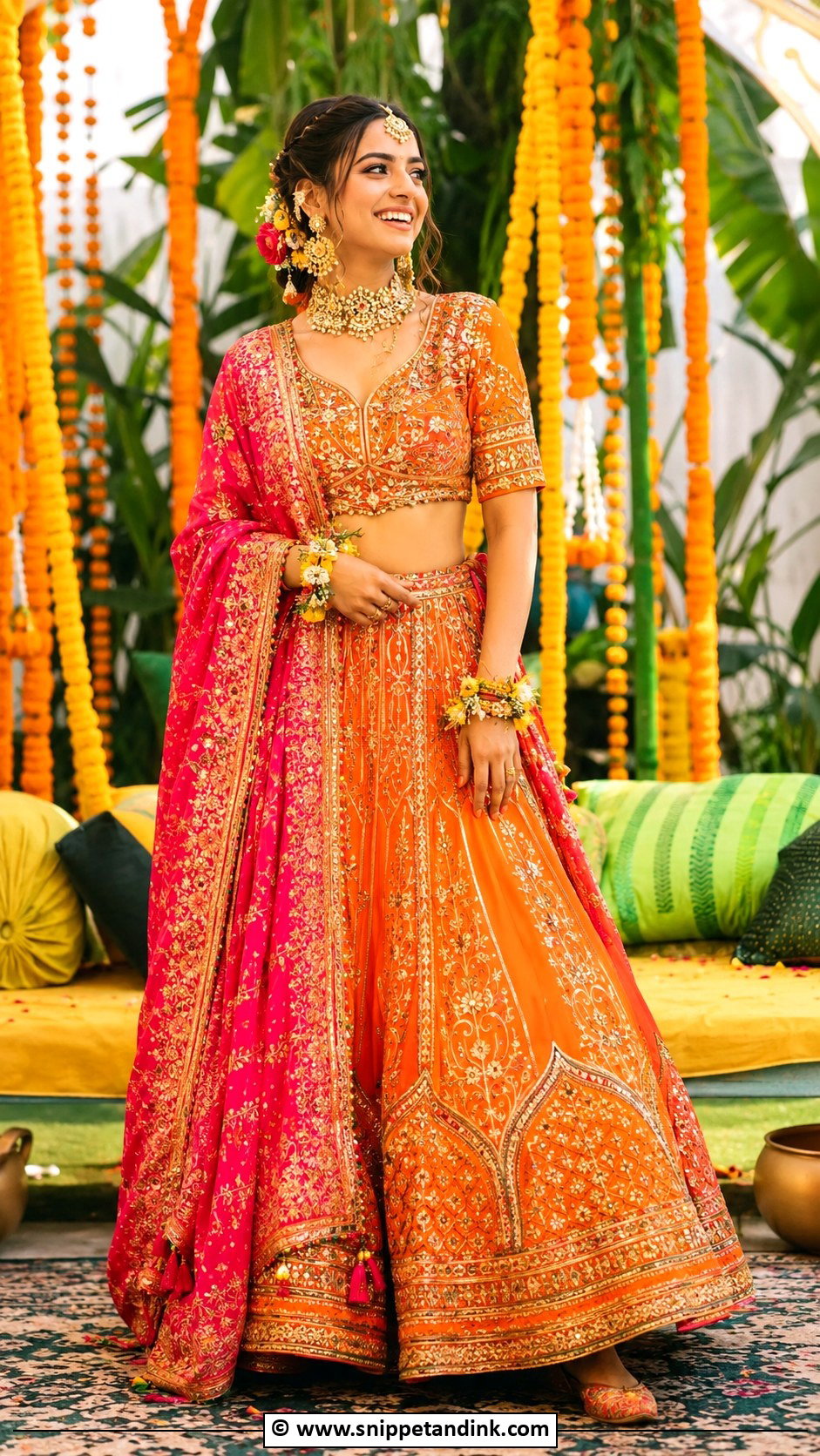 Orange Bridal Mehndi Lehenga - Snippet and Ink - 25 Indian Bridal Mehndi Outfit Ideas