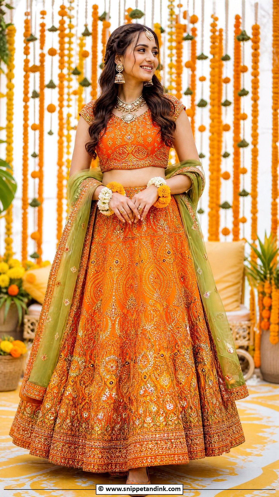 Orange Bridal Mehndi Lehenga - Snippet and Ink - 35 Bridal Mehndi Outfit Ideas