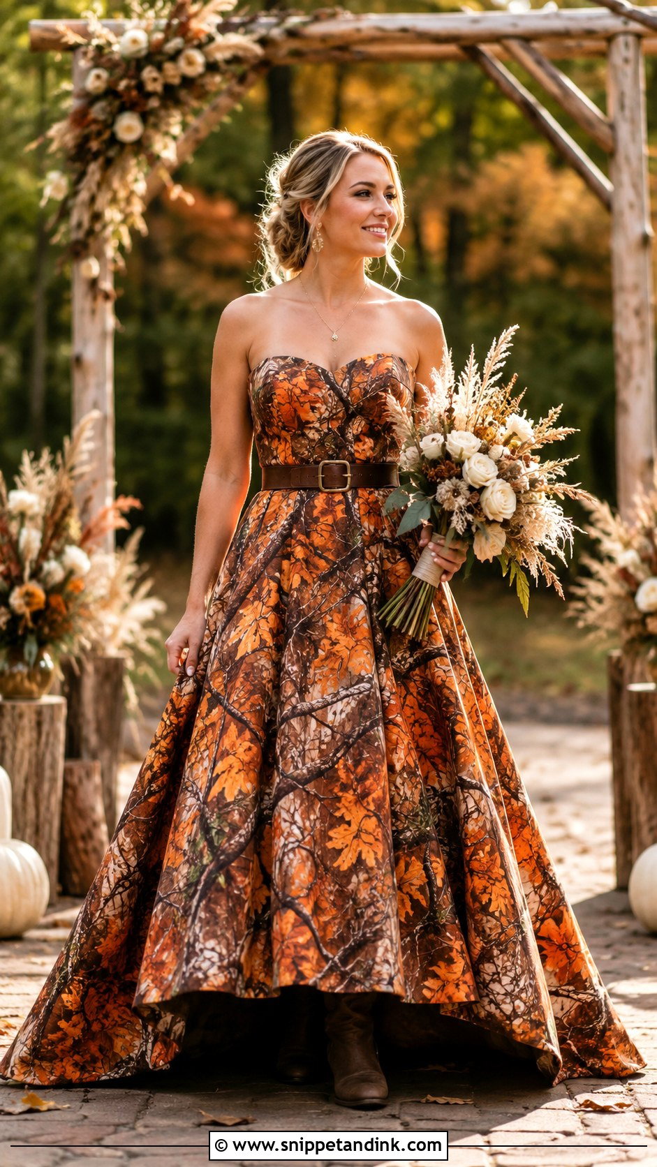 Orange Camo Wedding Dress With Brown Boots - Snippet and Ink - 25 Camo Wedding Dress Ideas