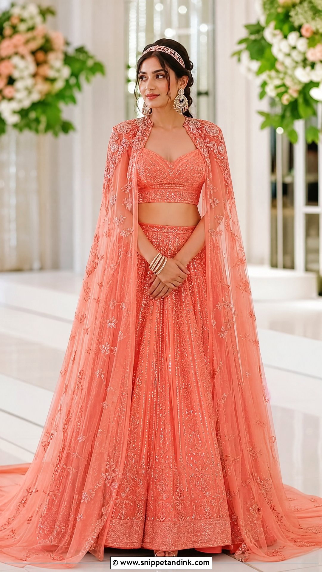 Orange Cape Bridal Lehenga With Statement Earrings - Snippet and Ink - 20 Orange Bridal Dress Ideas